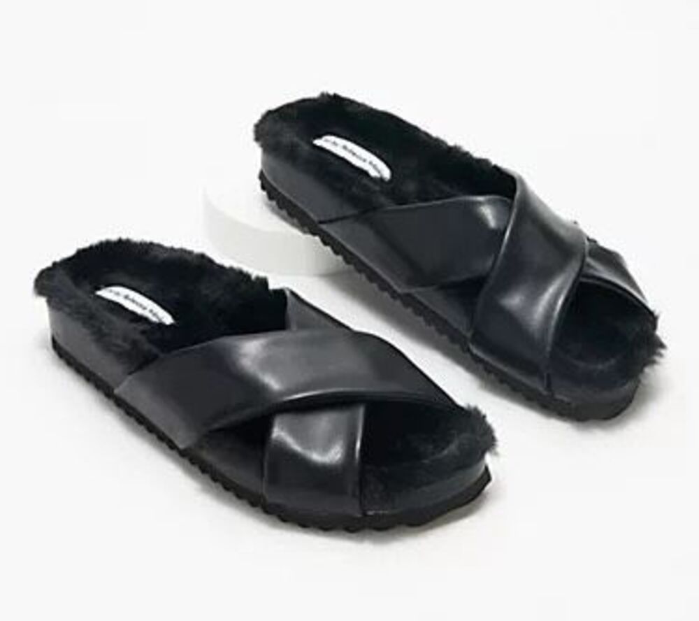 Rebecca Minkoff $78 Faux Leather X-Cross Slippers Cozy Fur Lined Sz 8 NWOT